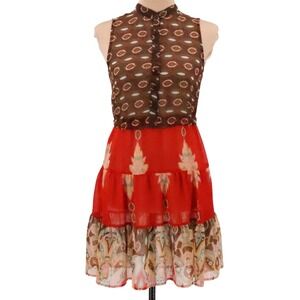 Sheer Boho Tiered Mini Dress Southwestern Paisley Festival Tie Waist Size S